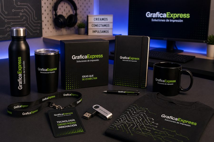 Tech merch · libreta y termos grabados